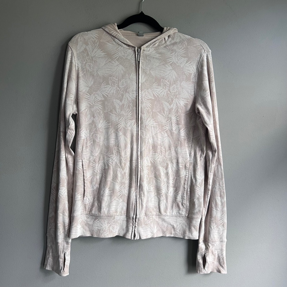 Uniqlo Womens Palm Print Zip Up Hoodie Beige White Thumbhole M 241-134857